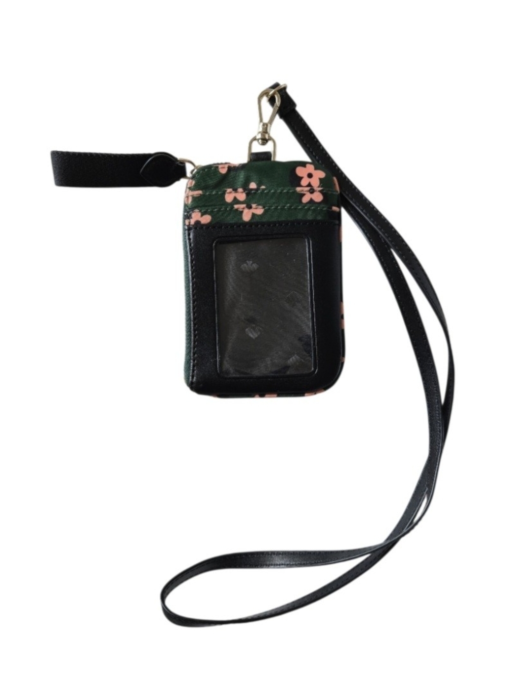 kate spade Green Floral Wristlet with Pink Flowers and Black Lanyard Strap EUC - Picture 2 of 4